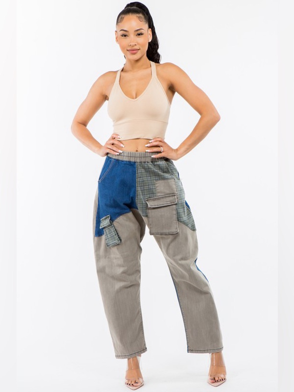 MIXED MEDIA CARGO BARREL LEG DENIM PANTS CAMO PLAID PATCHWORK PRINT
